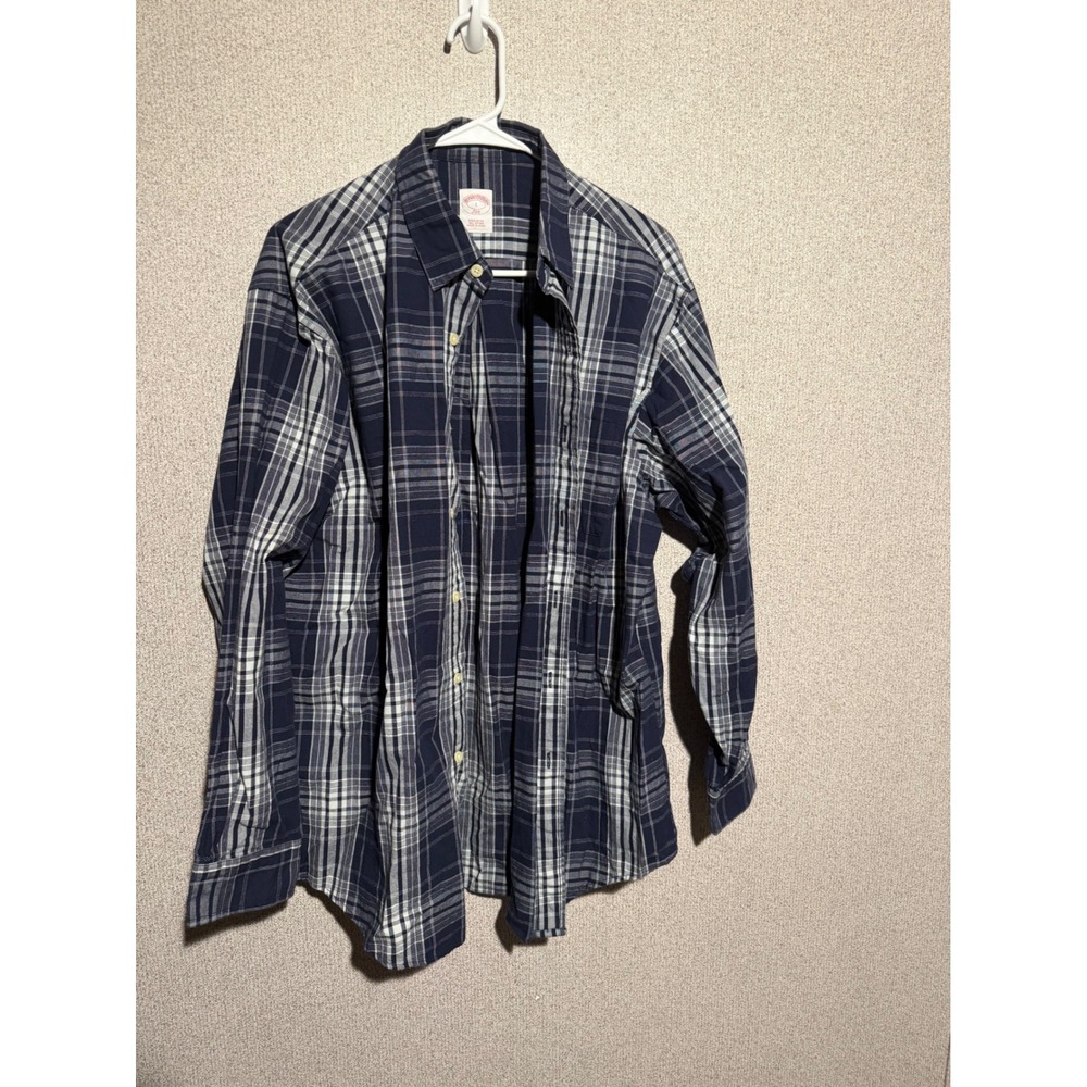 Brooks Brothers 346 Mens Large Regular Fit Navy Blue White Plaid Cotton Shirt